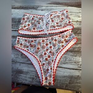 Floral Red Trim Bikini Set